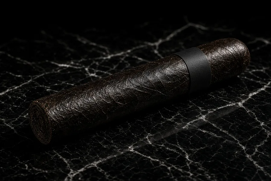 Ashcroft Oscuro — a near-black, heavily oiled San Andrés oscuro gordo on dark marble